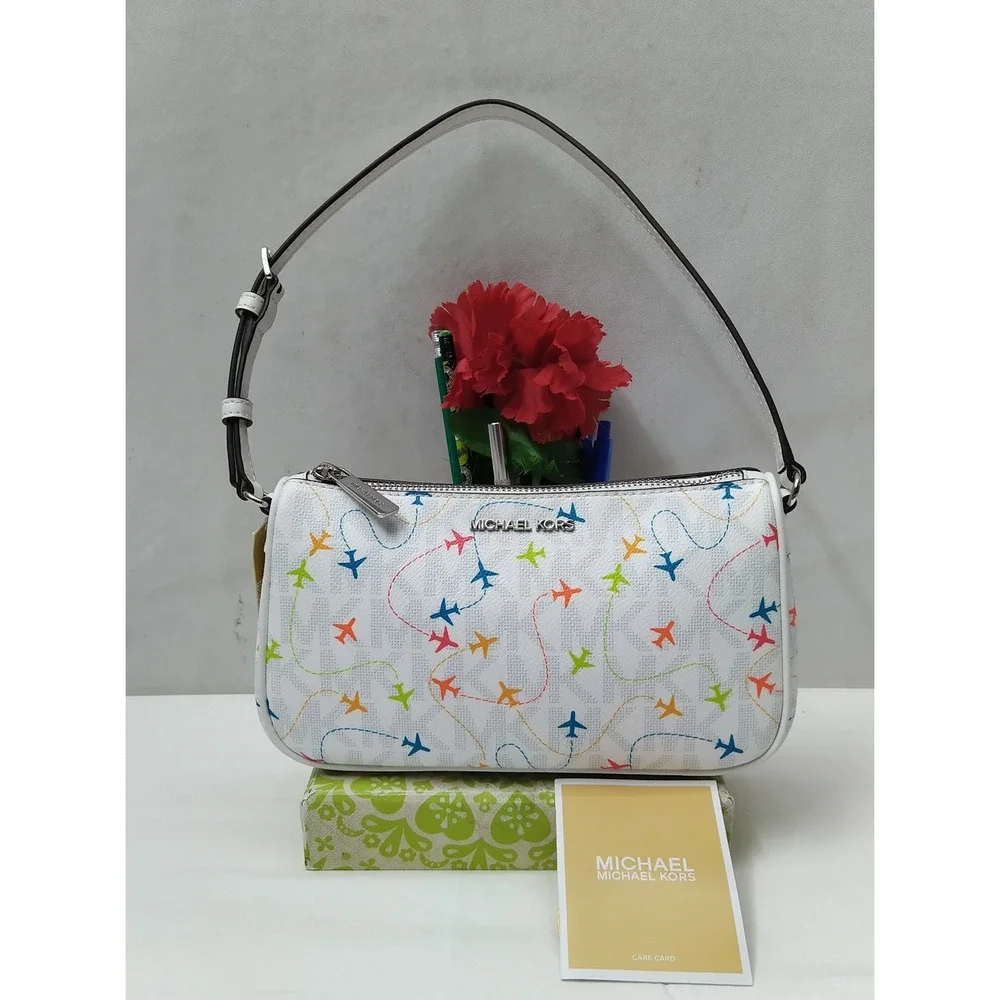 Michael Kors Jet Set White Leather Airplanes Printed Zipper Hobo Bag - NWT